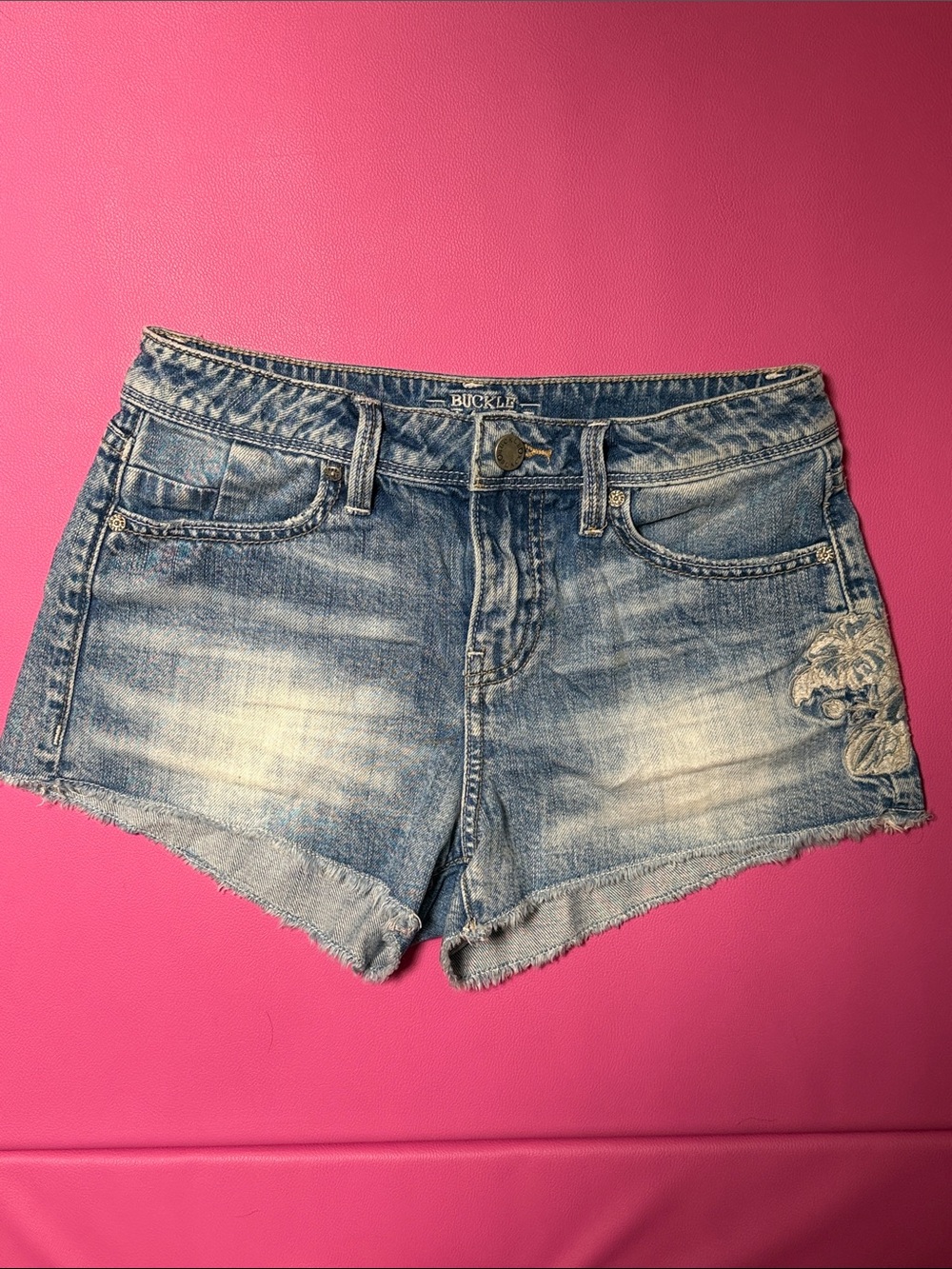 Buckle Light Blue Distressed Denim Shorts with Embroidered Detail